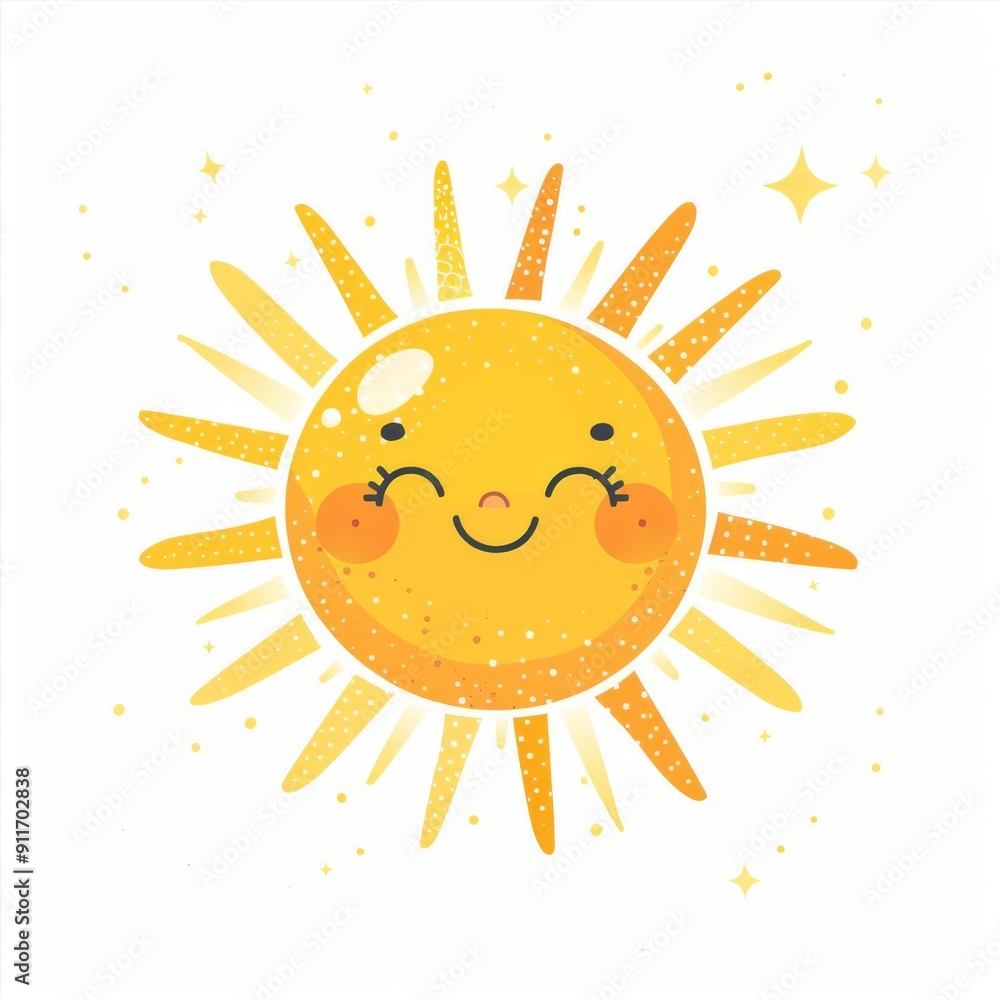 Cute sparkling sun, smiling face, bright rays, flat design, isolated on white background Cute sparkling sun, smiling face, bright rays, flat design, isolated on white background