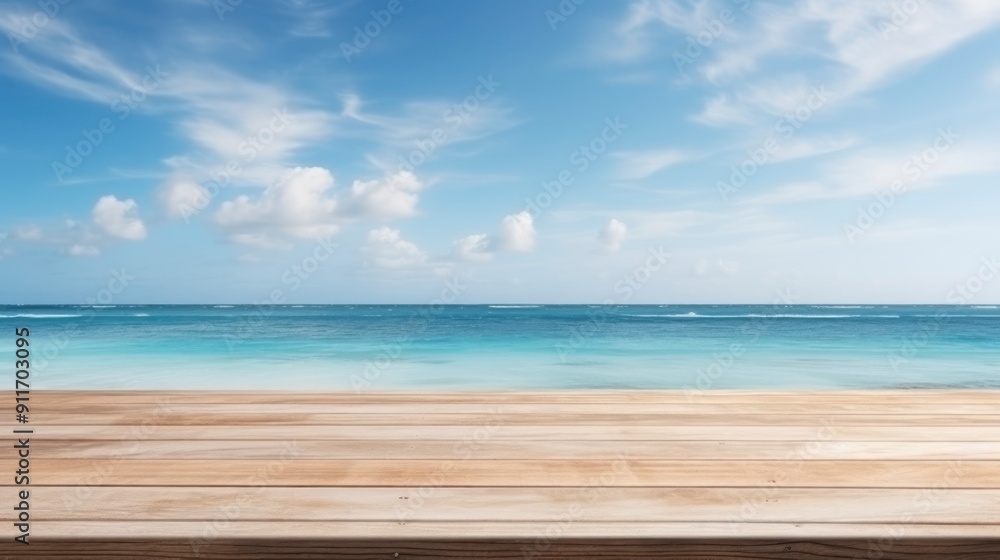 Fototapeta premium Wood table top on blur beach background