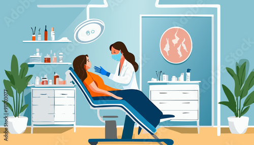  The dentist treats the female patient's teeth. Treatment cleaning and whitening of teeth. Vector illustration