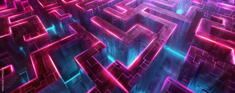 Digital maze with neon paths, 4K hyperrealistic photo Digital maze with neon paths, 4K hyperrealistic photo