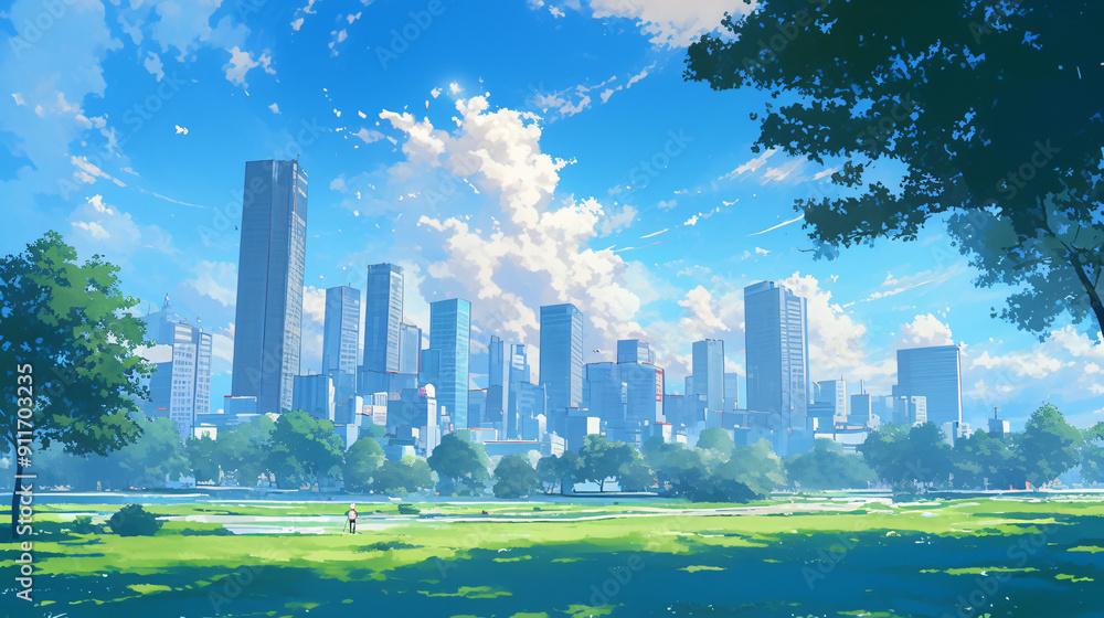 Obraz premium View from a city park, skyscraper