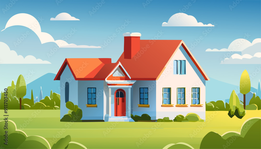 Summer time with house and landscape with field, blue sky. Vector illustration
