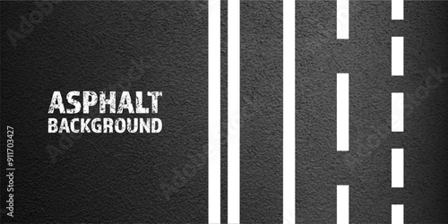 Asphalt road with white lane marking, concrete highway surface, texture. Street traffic line, road dividing strip. Pattern with grainy structure, grunge stone background. Vector illustration