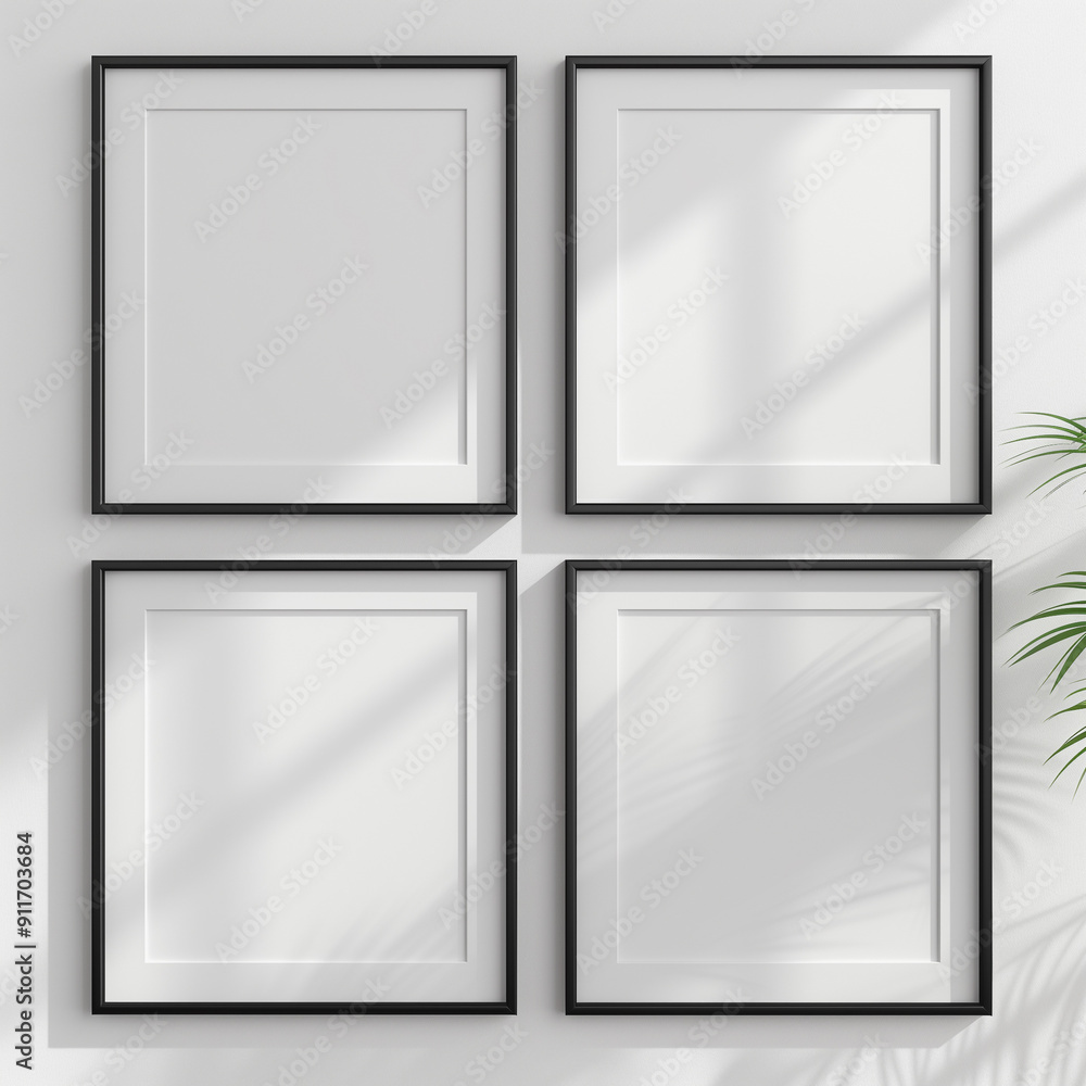 Fototapeta premium Minimalist four square black frames on a white wall with clean lines