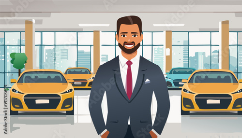 portrait of salesman near new car at showroom dealership store. Illustration vector