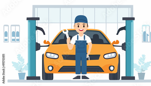 Cartoon Mechanic repairs broken orange car in maintenance workshop. Checking and auto. Vector Illustration