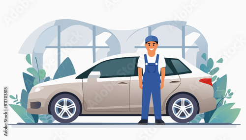 portrait of mechanic stand near damage car repair center or garage. Workshop station. Vector illustration