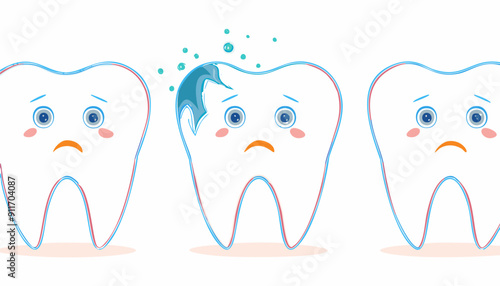 cute cartoon tooth, problem  with bacteria, caries concept, unhealth. Oral hygiene concept. Vector Illustration 