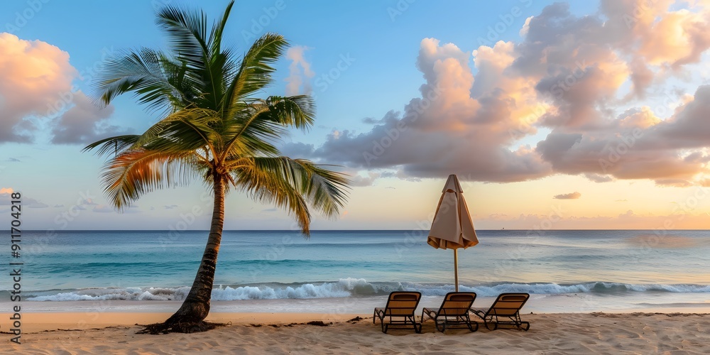 Naklejka premium Stunning beach sunset with palm trees and calm ocean