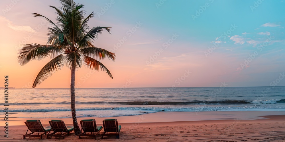 Naklejka premium Stunning beach sunset with palm trees and calm ocean