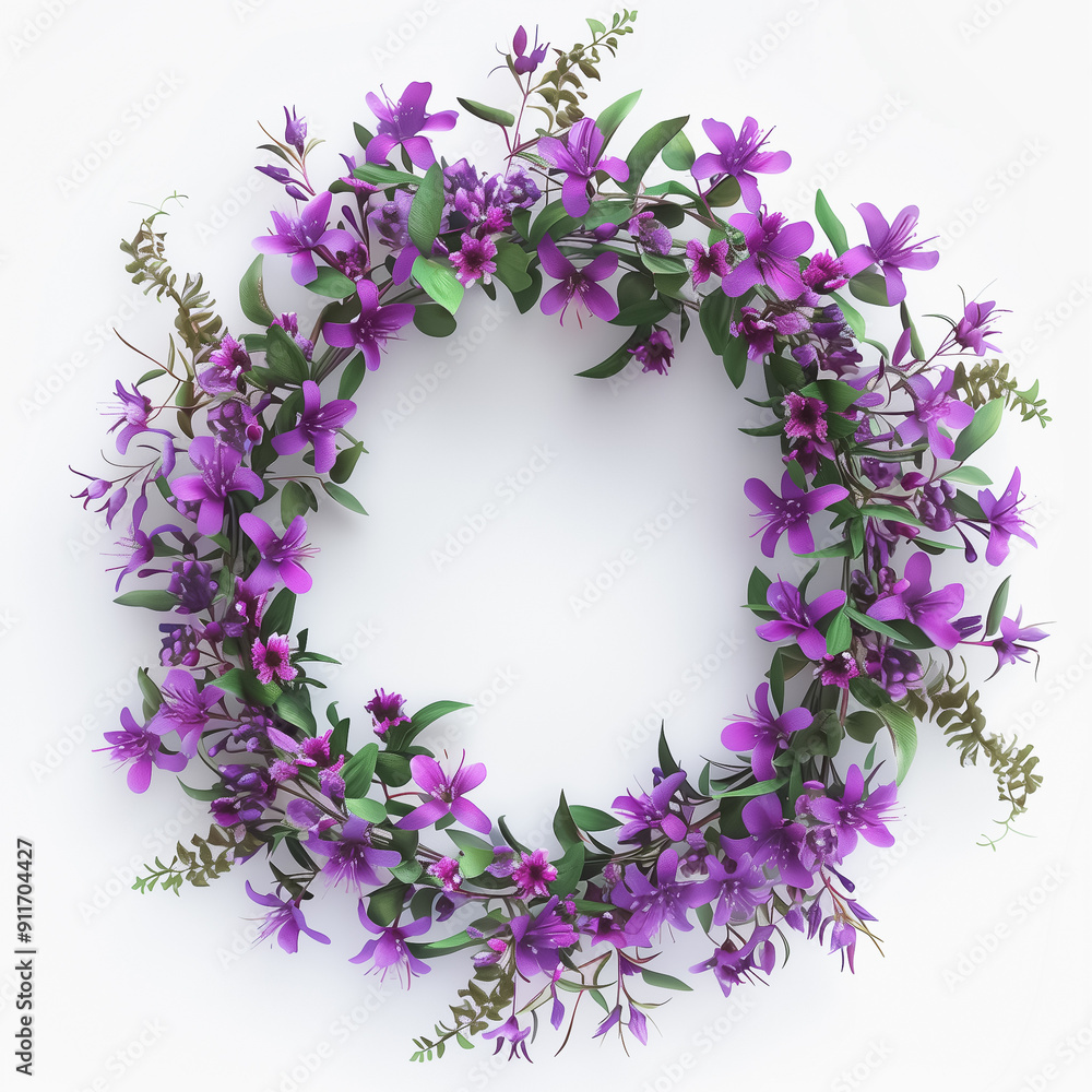 Delicate circular wreath of purple flowers with soft green foliage on white background
Delicate circular wreath of purple flowers with soft green foliage on white background
