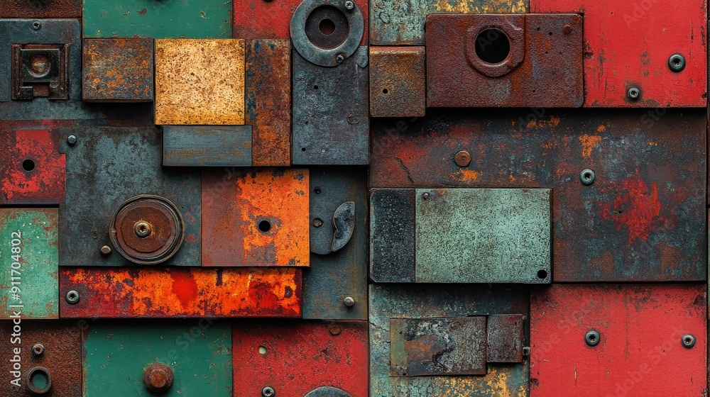 Flat lay top-down view of assorted metal scraps with rusted surfaces, featuring a graphic adventure style with inked outlines and bold red and green contrasts Flat lay top-down view of assorted metal scraps with rusted surfaces, featuring a graphic adventure style with inked outlines and bold red and green contrasts