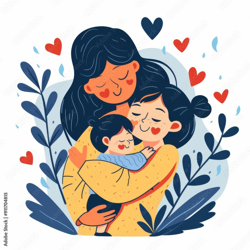 illustration, mother and child hugging, blue color theme, Mothers Day, loving, isolated on white background illustration, mother and child hugging, blue color theme, Mothers Day, loving, isolated on white background