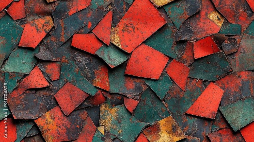 Detailed flat lay of rusted metal fragments, arranged with a game-like texture, showcasing vivid red and green contrasts and bold inked outlines Detailed flat lay of rusted metal fragments, arranged with a game-like texture, showcasing vivid red and green contrasts and bold inked outlines