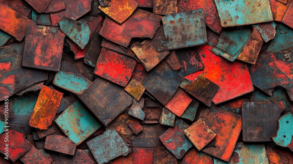 Detailed flat lay of rusted metal fragments, arranged with a game-like texture, showcasing vivid red and green contrasts and bold inked outlines Detailed flat lay of rusted metal fragments, arranged with a game-like texture, showcasing vivid red and green contrasts and bold inked outlines