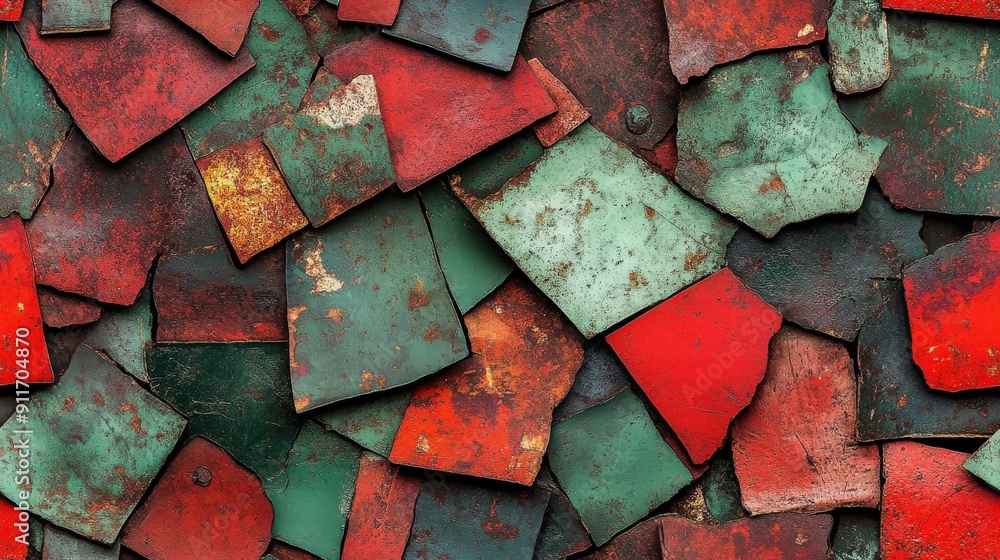 Detailed flat lay of rusted metal fragments, arranged with a game-like texture, showcasing vivid red and green contrasts and bold inked outlines Detailed flat lay of rusted metal fragments, arranged with a game-like texture, showcasing vivid red and green contrasts and bold inked outlines
