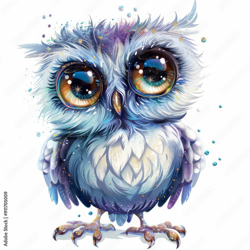 Cute sparkling owl, big eyes, glittering feathers, cartoon style, isolated on white background Cute sparkling owl, big eyes, glittering feathers, cartoon style, isolated on white background
