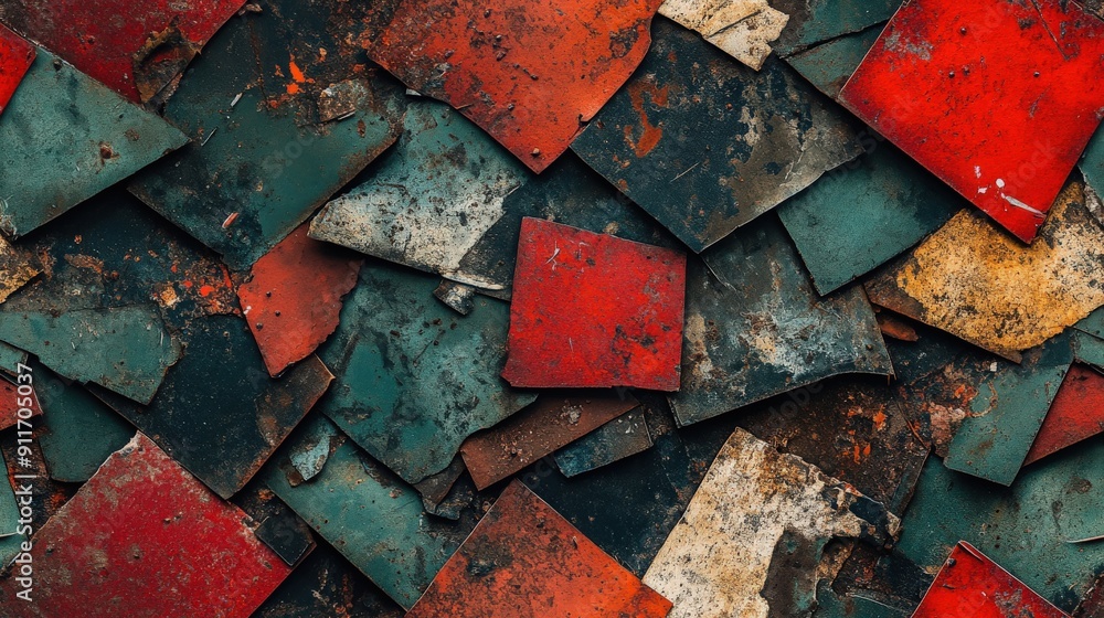 Flat lay of metal scraps and rusted fragments from urban decay, featuring graphic adventure aesthetics with vivid red and green contrasts and inked outlines Flat lay of metal scraps and rusted fragments from urban decay, featuring graphic adventure aesthetics with vivid red and green contrasts and inked outlines