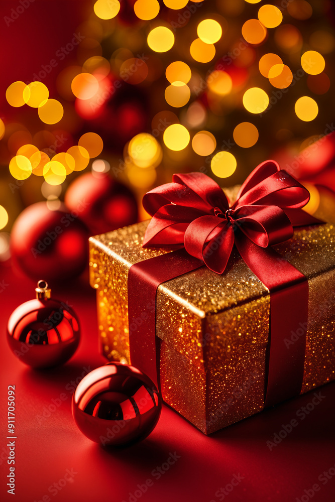 Beautifully wrapped gold gift box with a red ribbon, sitting on a red surface surrounded by Christmas decorations and ornaments. Beautifully wrapped gold gift box with a red ribbon, sitting on a red surface surrounded by Christmas decorations and ornaments.