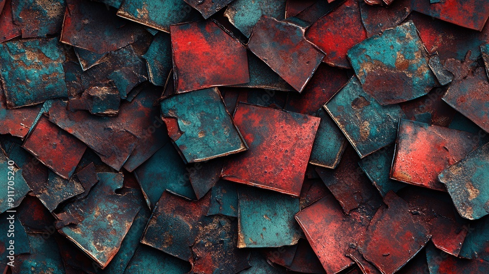 Top-down perspective of rusted metal scraps, featuring a game-textured look with vibrant red and green contrasts and crisp inked outlines Top-down perspective of rusted metal scraps, featuring a game-textured look with vibrant red and green contrasts and crisp inked outlines