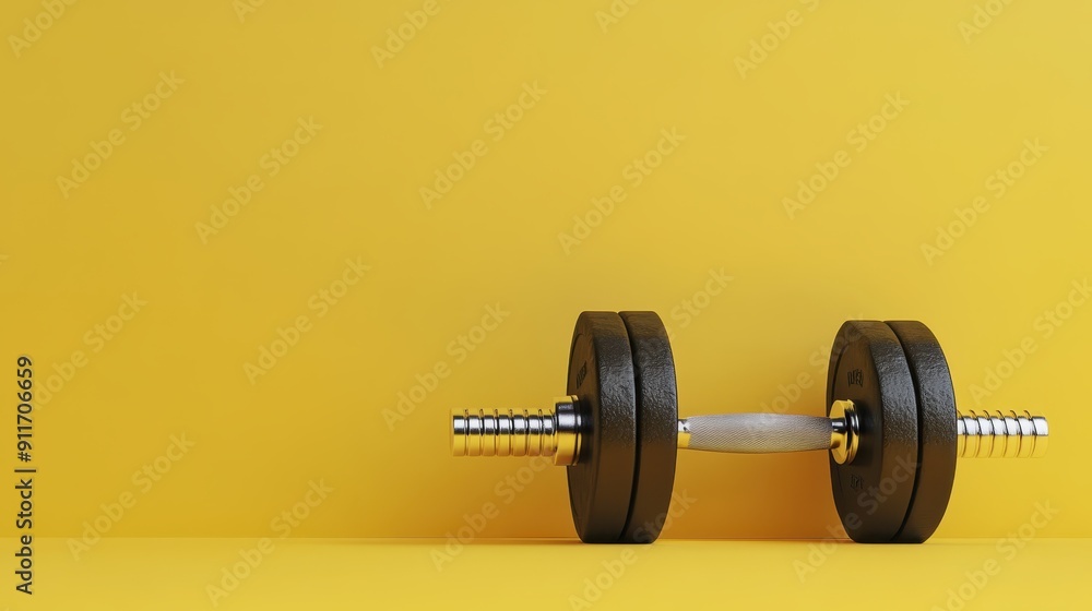 Black dumbbell with silver weights and a wooden grip, set against a yellow background Black dumbbell with silver weights and a wooden grip, set against a yellow background