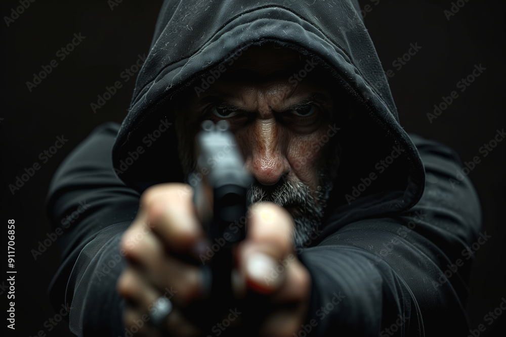 Hooded Figure Aimed Intently With Handgun During Midnight Encounter in Shadowy Alley Hooded Figure Aimed Intently With Handgun During Midnight Encounter in Shadowy Alley