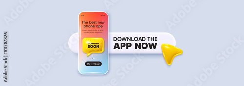 Coming soon tag. Download the app now. Phone mockup screen. Promotion banner sign. New product release symbol. Phone download app search bar. Coming soon text message. Vector