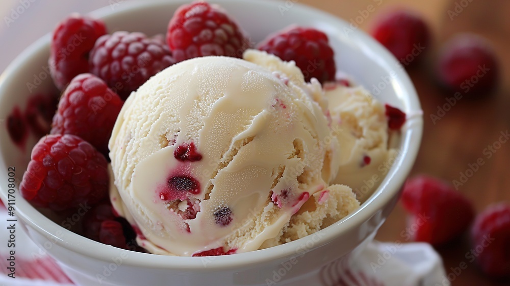 Scoop of ice cream with fresh raspberries Scoop of ice cream with fresh raspberries