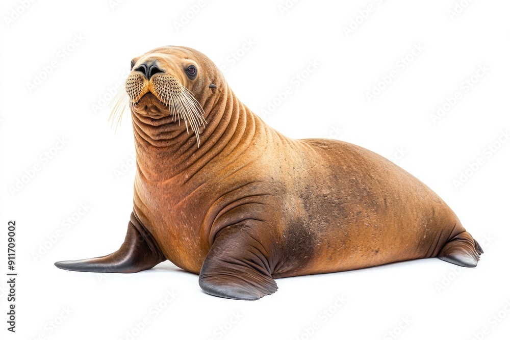 Obraz premium Sea Lion on White Background. Big Walrus Isolated in Comical Pose