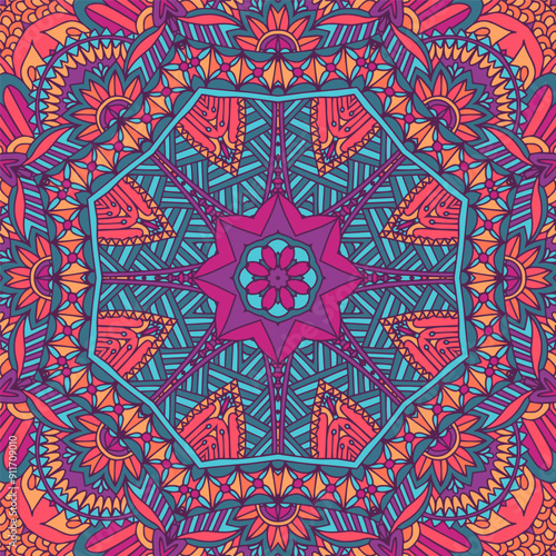 Medallion doodle Boho style ornaments. Festive Colorful seamless vector pattern ornamental psychedelic