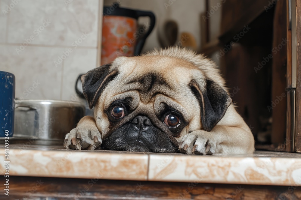 Obraz premium Upset Pug Dog Left Sad and Alone in Kitchen After Being Punished