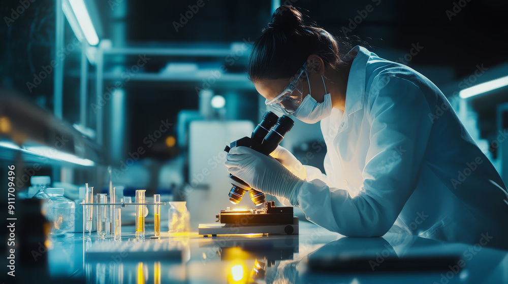 Female scientist working with a microscope in a laboratory Female scientist working with a microscope in a laboratory