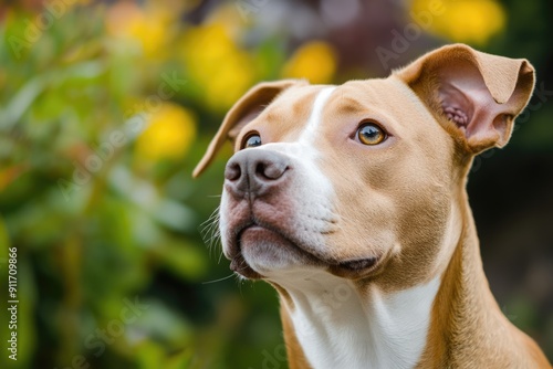 Dog Head Tilt. Adorable Pit Bull Terrier Mixed Breed Dog Outdoors Displaying Expressive Listening Behavior