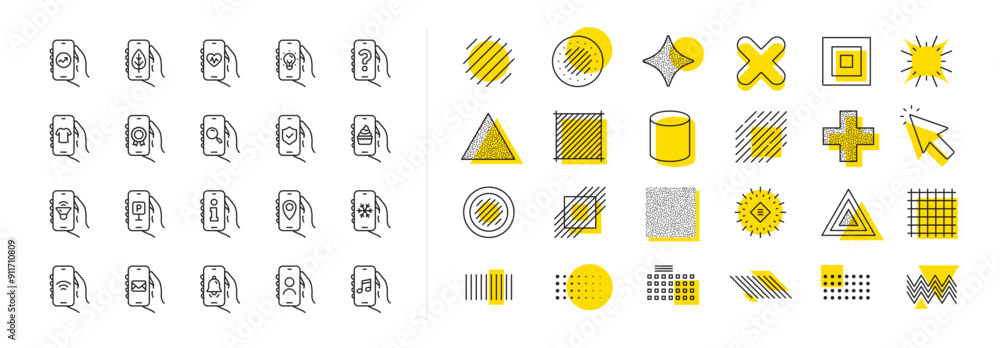 Music sound, Sms or Mail Message, Wifi internet. Design shape elements. Hand Holding Phone line icons. Notification Reminder, Shirt shop, Information line icons. Vector Music sound, Sms or Mail Message, Wifi internet. Design shape elements. Hand Holding Phone line icons. Notification Reminder, Shirt shop, Information line icons. Vector