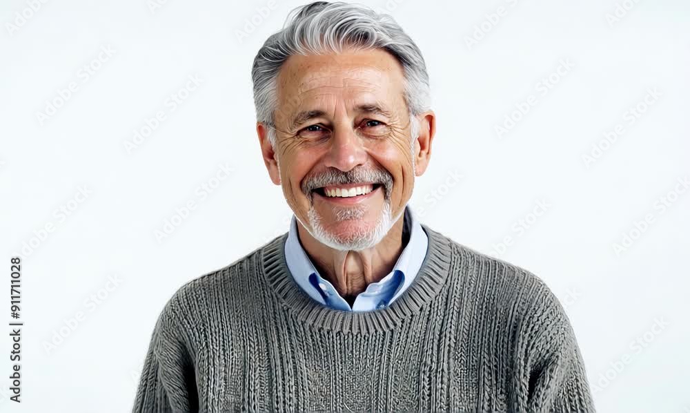 Serenity in a smile: 45-year-old man with gray hair and beard wearing gray wool sweater on white background Serenity in a smile: 45-year-old man with gray hair and beard wearing gray wool sweater on white background