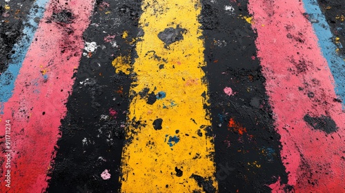 Vibrant depiction of a tire track rendered in splattered paint, with a cargo punk aesthetic and layered imagery, showcasing a minimalist yet ironic touch photo