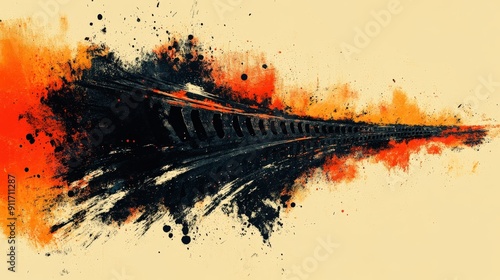 Artistic illustration of a tire track with bold splatters and layered paint, combining elements of trashcore and minimalist design for a striking visual photo