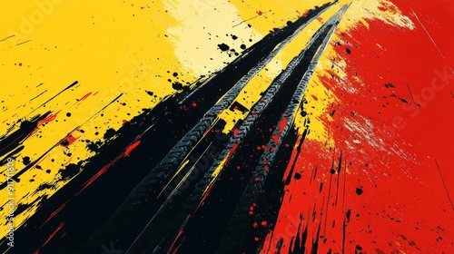 Bold color illustration of a tire track, rendered in splattered paint with layered imagery and minimalist design, infused with trashcore elements and subtle irony photo