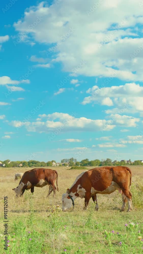 A peaceful rural scene with cows grazing in a green meadow under a blue sky A peaceful rural scene with cows grazing in a green meadow under a blue sky