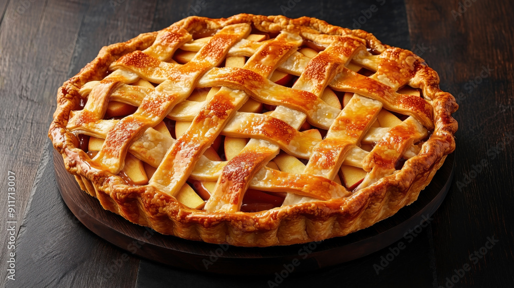 Traditional American food apple pie with a lattice crust. The pie has a golden-brown, flaky crust with a woven, lattice pattern on the top, filled with apple slices and a glossy finish. Traditional American food apple pie with a lattice crust. The pie has a golden-brown, flaky crust with a woven, lattice pattern on the top, filled with apple slices and a glossy finish.