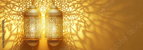 Golden Lanterns with Intricate Patterns Casting Warm Shadows