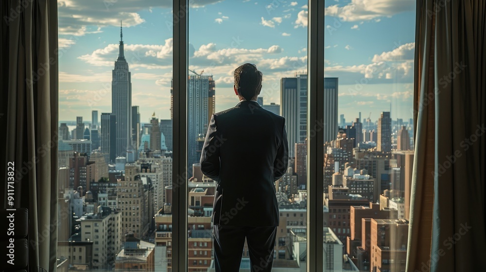Fototapeta premium A suited man gazes out at the expansive New York City skyline during twilight