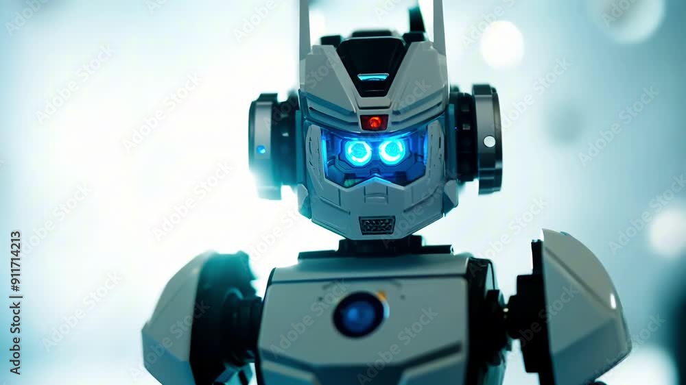 Futuristic robot with glowing blue eyes standing in a bright environment Futuristic robot with glowing blue eyes standing in a bright environment
