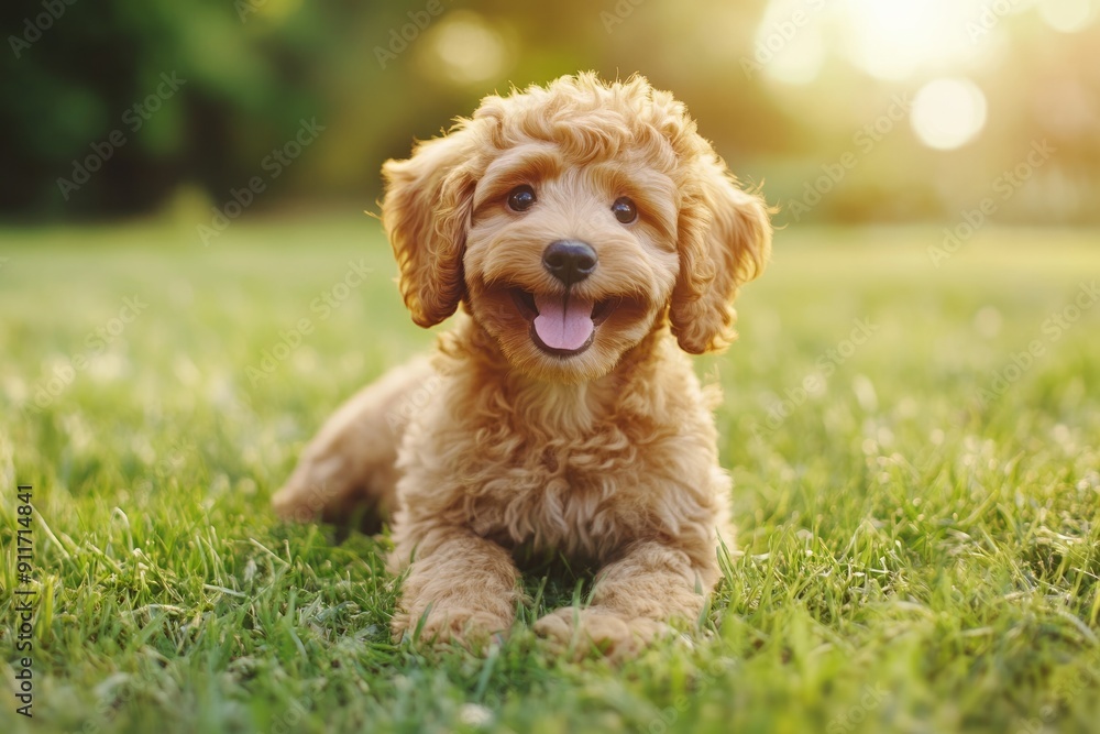 Aussie Doodle: Happy Dog Playing in Grass Outside with a Cute Smile Aussie Doodle: Happy Dog Playing in Grass Outside with a Cute Smile