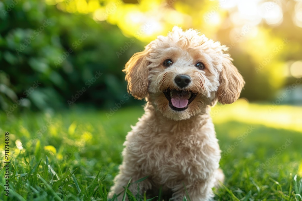 Aussie Doodle. Happy Puppy Playing in the Grass. Cute Dog Smiling in Natural Background Aussie Doodle. Happy Puppy Playing in the Grass. Cute Dog Smiling in Natural Background