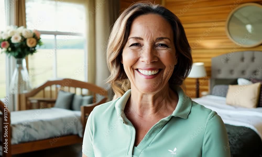 Medium shot portrait video of a pleased woman in her 40s that is wearing a sporty polo shirt against a cozy bed and breakfast setting with a welcoming atmosphere background Medium shot portrait video of a pleased woman in her 40s that is wearing a sporty polo shirt against a cozy bed and breakfast setting with a welcoming atmosphere background