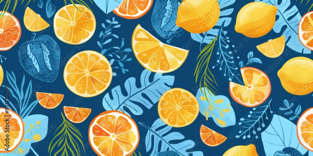 A vibrant summer pattern featuring lemons, oranges and grapefruits with tropical leaves in a flat style The background is a cool blue color with scattered elements of the fruits Generative AI A vibrant summer pattern featuring lemons, oranges and grapefruits with tropical leaves in a flat style The background is a cool blue color with scattered elements of the fruits Generative AI