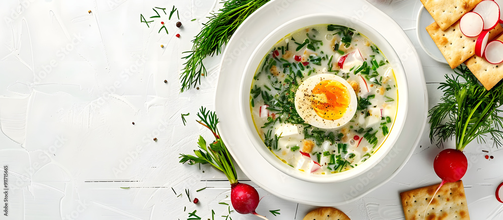 Top view of white bowl with traditional Russian okroshka soup, garnished with boiled egg, herbs, surrounded by crackers, radishes, dill, and sour cream on white background with copy space image. Top view of white bowl with traditional Russian okroshka soup, garnished with boiled egg, herbs, surrounded by crackers, radishes, dill, and sour cream on white background with copy space image.