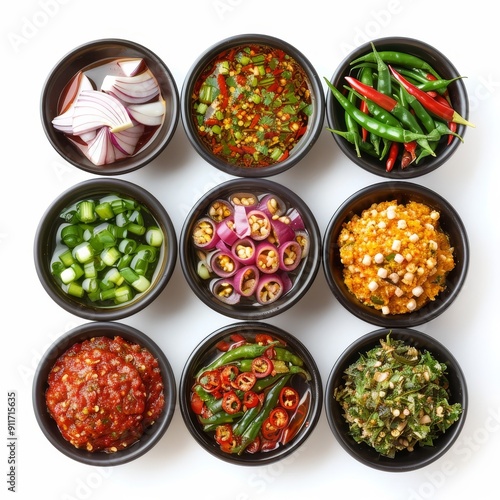 Thai Chili Paste (Nam Prik Pao) - A Colorful Array of Exotic Vegetable Seasonings from Thailand on White Background