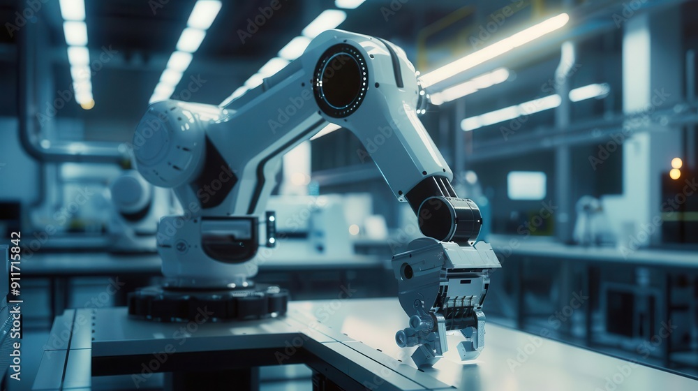 industrial revolution 40 sleek robotic arm performing precision tasks in hightech factory automated manufacturing 3d rendering industrial revolution 40 sleek robotic arm performing precision tasks in hightech factory automated manufacturing 3d rendering